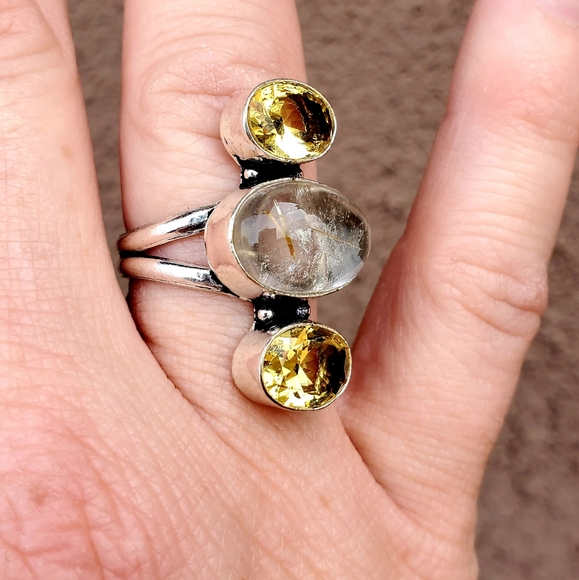 New Golden Rutile and Citrine 925 Silver Ring. - Picture 8 of 16